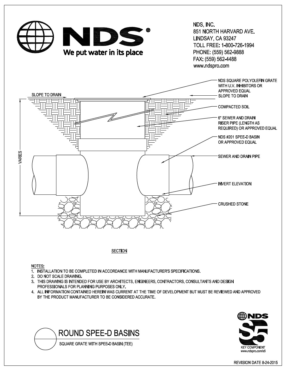 NDS Square Drainage Grates with 6 in. Round Spee-D® Catch Basins and Tee Fitting Installation Detail