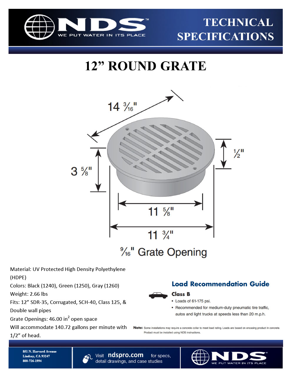 NDS 12 in. Round Drainage Grates for Pipes & Fittings Tech Spec