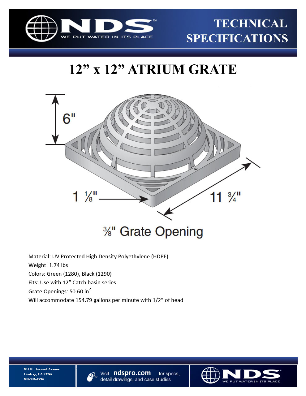 NDS 12 in. Square Atrium Catch Basin Drain Grate Plastic Tech Spec