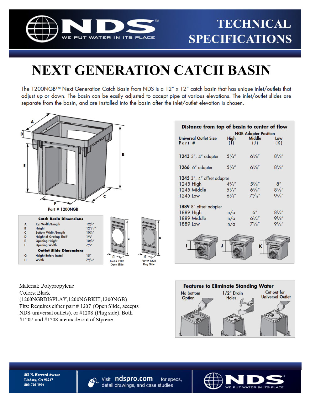 NDS 12 in. Square Adjustable Outlet Catch Basin Drain Kit with Catch Basin Tech Spec