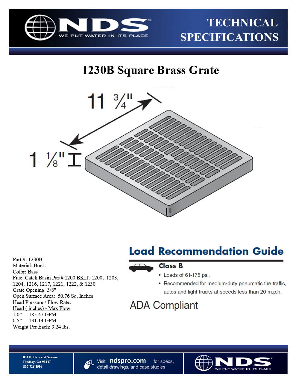 NDS 12 in. Square Catch Basin Drain Grate Brass Tech Spec