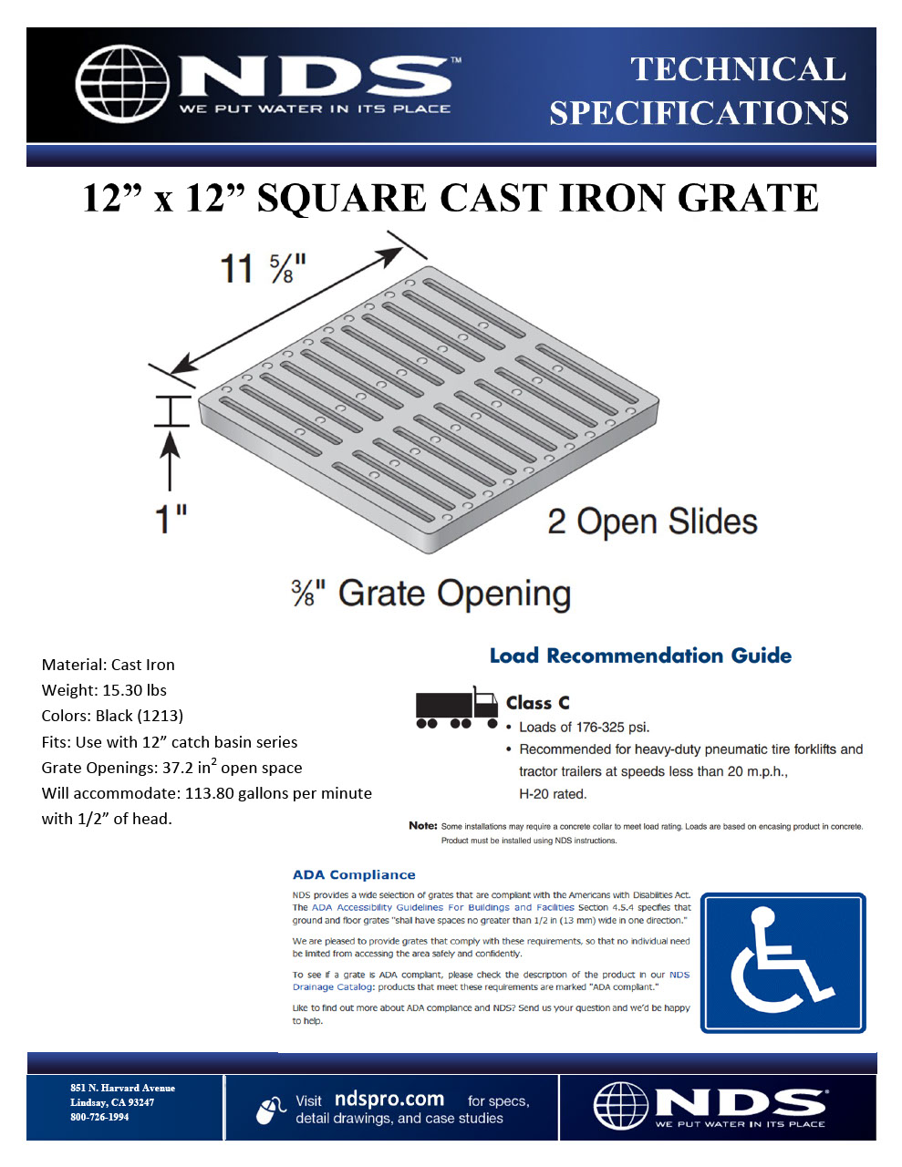 NDS 12 in. Square Catch Basin Drain Grate Ductile Iron Tech Spec