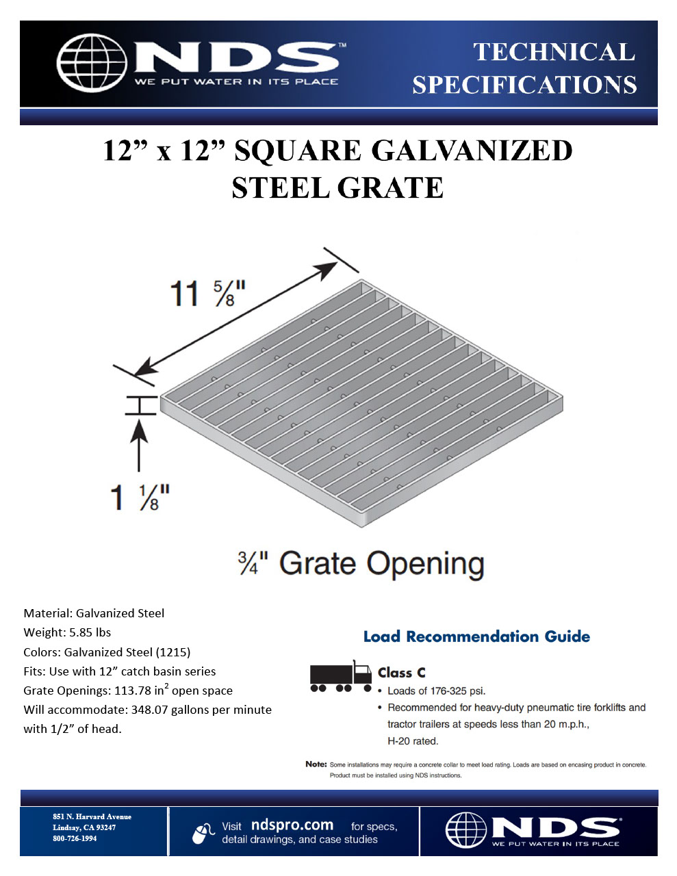 NDS 12 in. Square Catch Basin Drain Grate Galvanized Steel Tech Spec