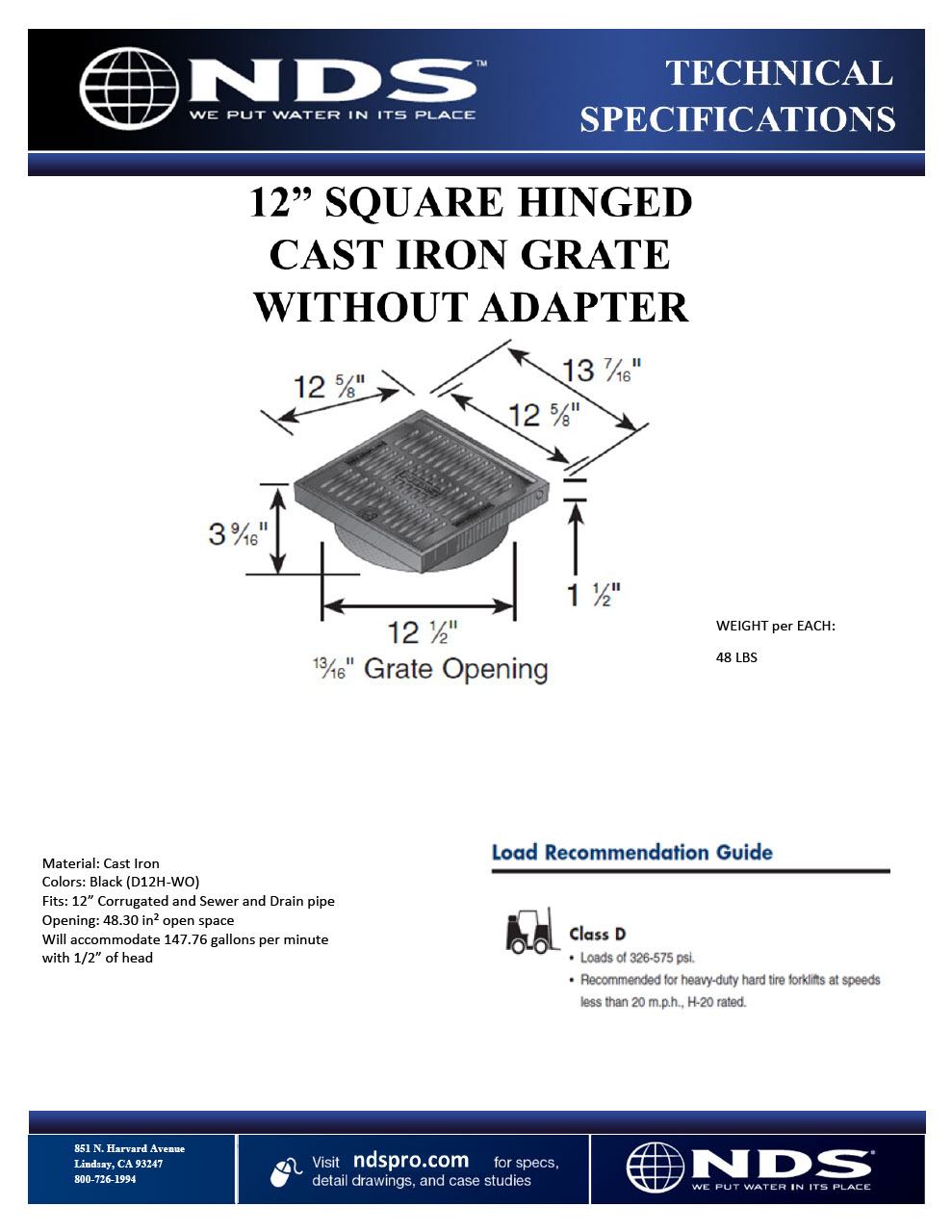 NDS 12 in. Square Hinged DuracastTM Cast Iron Grate for 12 in. Drain Pipes Tech Spec