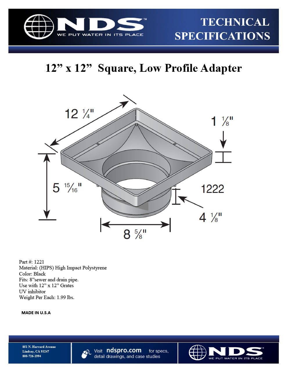 NDS 12 in. Square Low-Profile Adapter for 8 in. Sewer and Drain Pipe Tech Spec