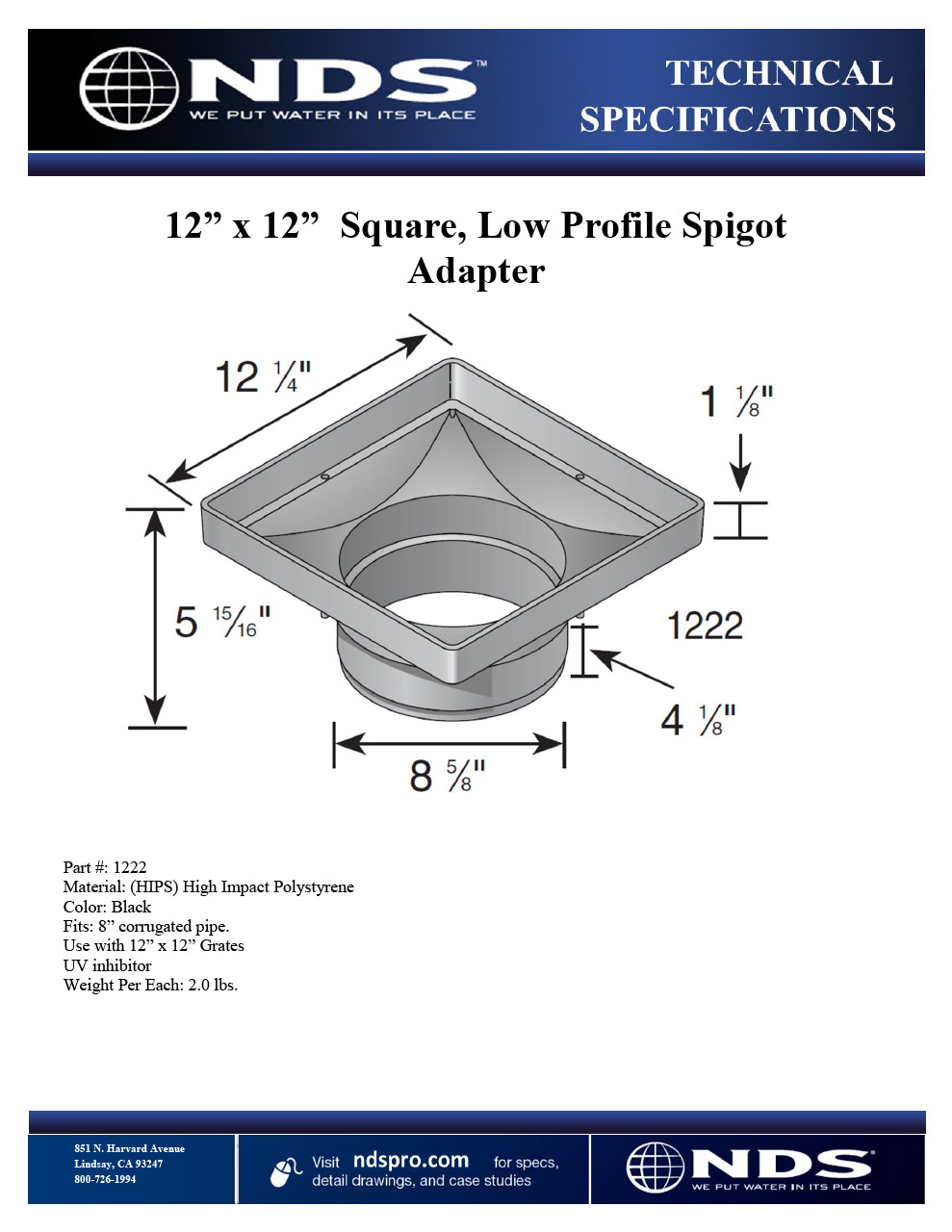 NDS 12 in. Square Low-Profile Adapter Tech Spec