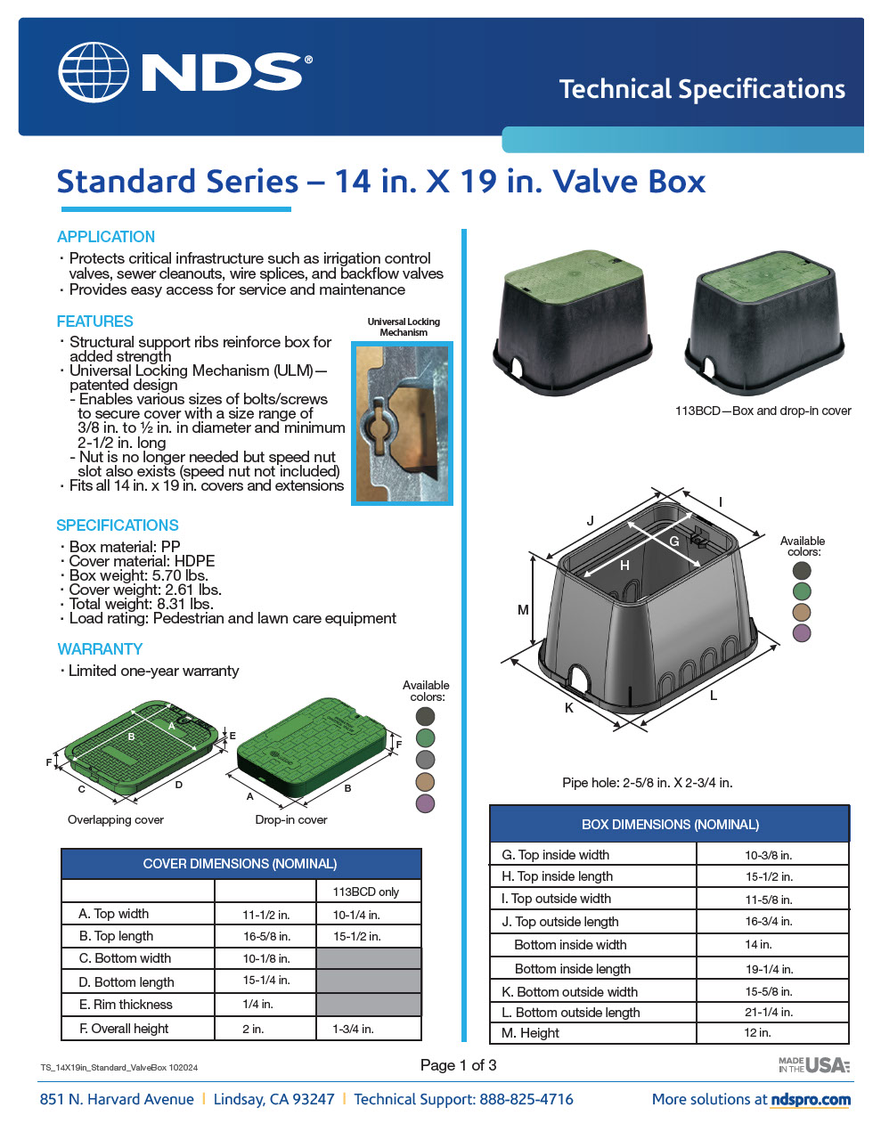 NDS 14 in. X 19 in. Rectangular Standard Series Valve Boxes & Covers Tech Spec