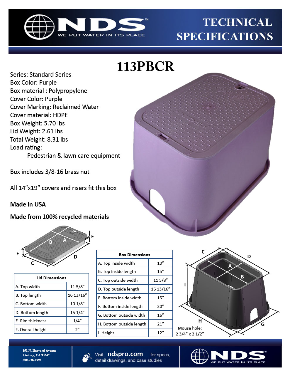 NDS 14 in. X 19 in. Rectangular Standard Series Purple Valve Box and Purple Reclaimed Water Cover Tech Spec