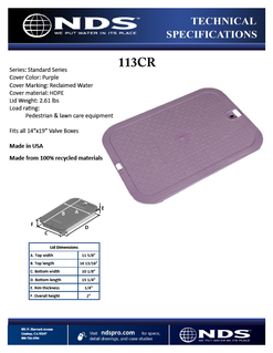 NDS 14 in. X 19 in. Rectangular Standard Series Purple Reclaimed Water Valve Box Cover Tech Spec