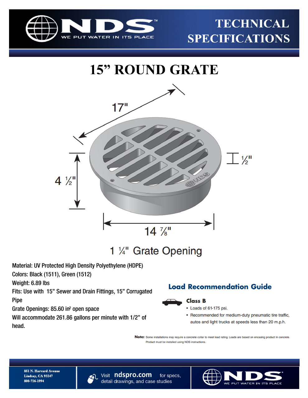 NDS 15 in. Round Grate for15 in. Drain Pipe & Fittings, Plastic Tech Spec