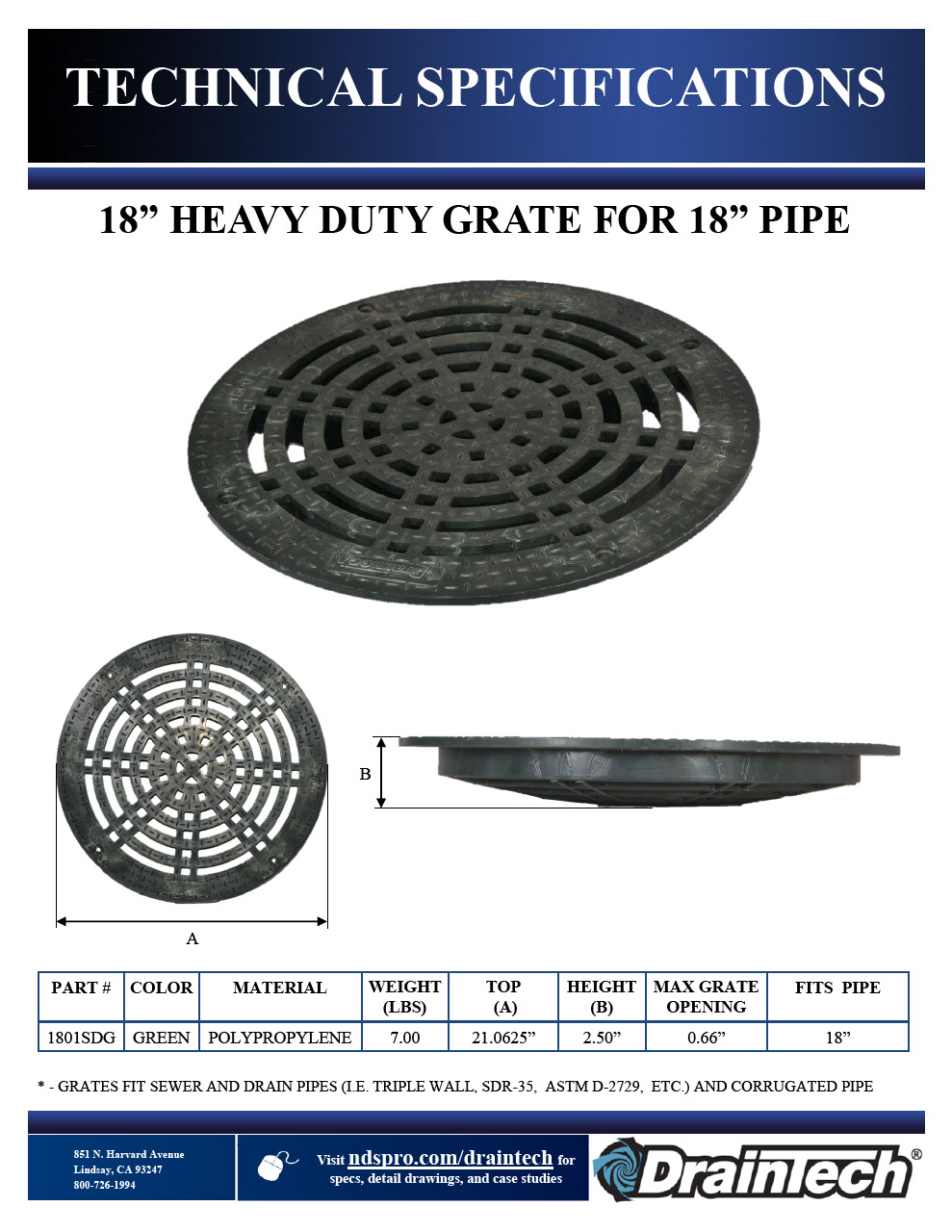 NDS 18 in. Round Plastic Grate Connects to 18 in. Drain Pipe and Fittings Tech Spec