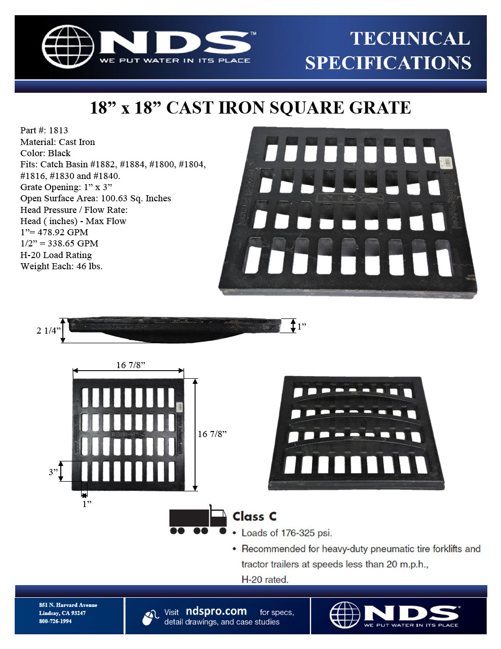 NDS 18 in. Square Catch Basin Drain Grate Cast Iron Tech Spec