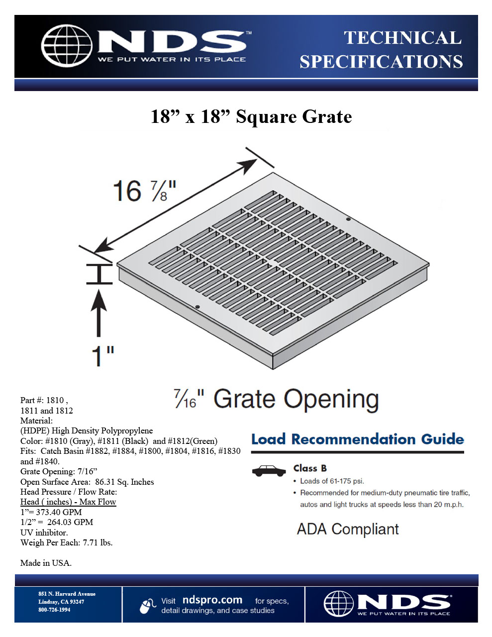 NDS 18 in. Square Catch Basin Drain Grate Tech Spec