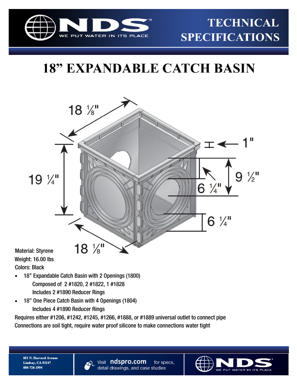 NDS 18 in. Expandable Catch Basin Drain Tech Spec