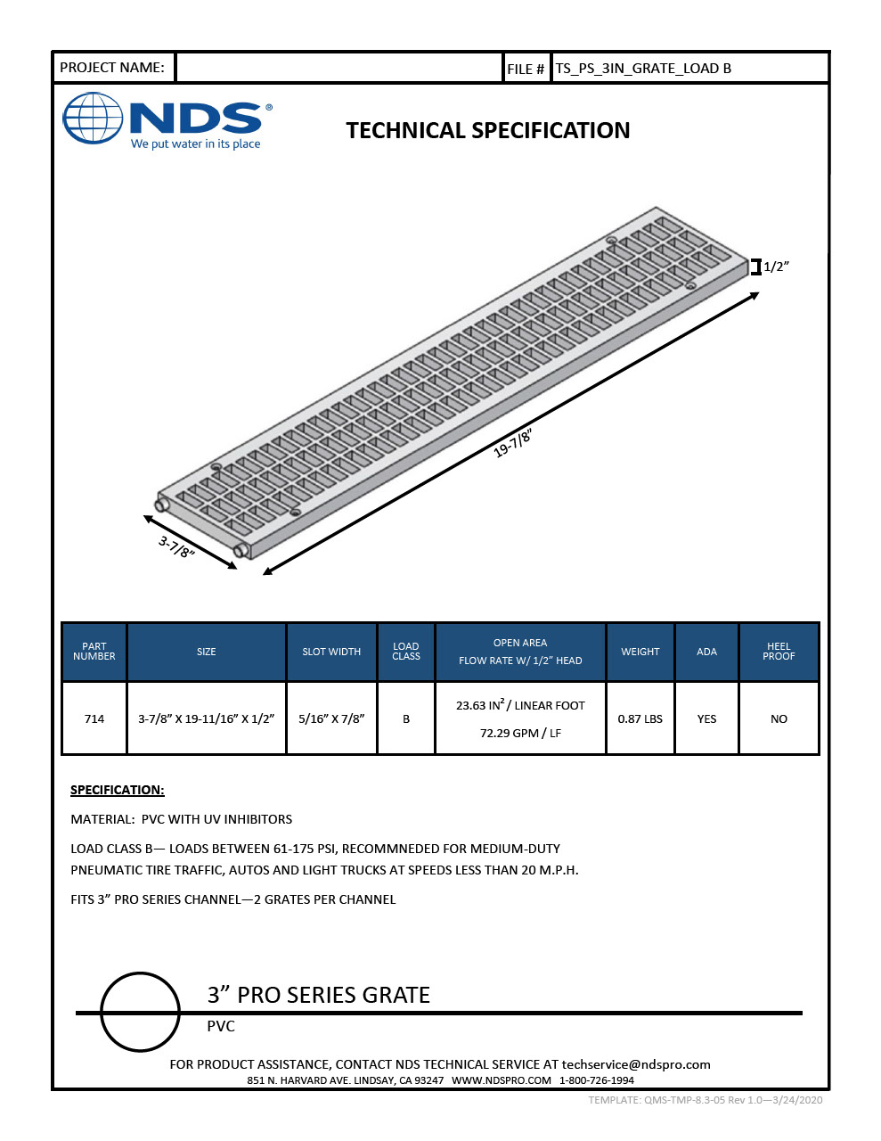 NDS 3 in. Pro Series Channel Drain Grate Plastic Tech Spec