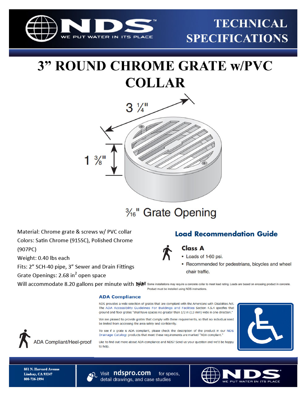 NDS 3 in. Round Chrome Grate with Collar Tech Spec