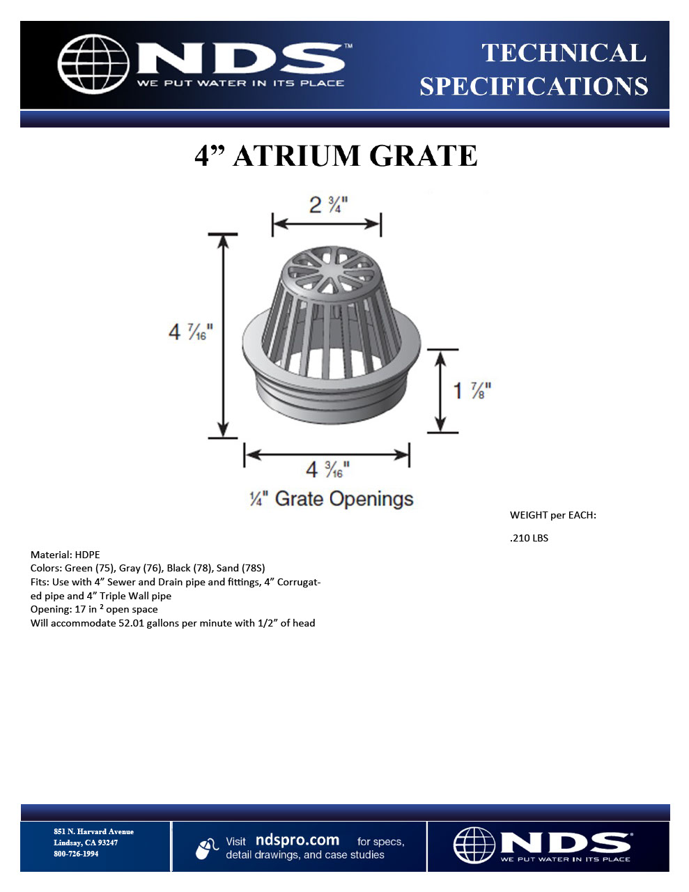 NDS 4 in. Atrium Drainage Grates for Pipes & Fillings Tech Spec