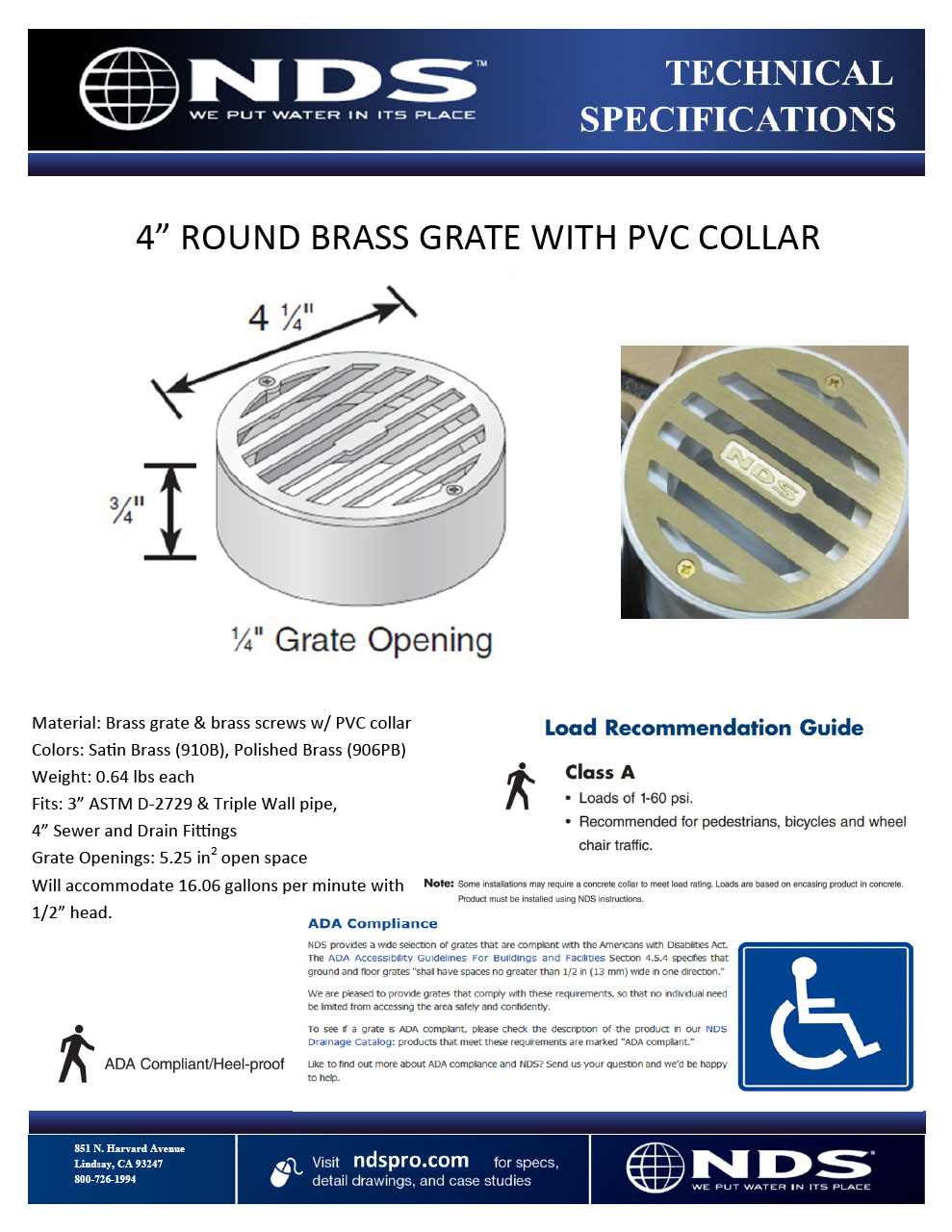 NDS 4 in. Round Brass Grates with Plastic Collar Tech Spec