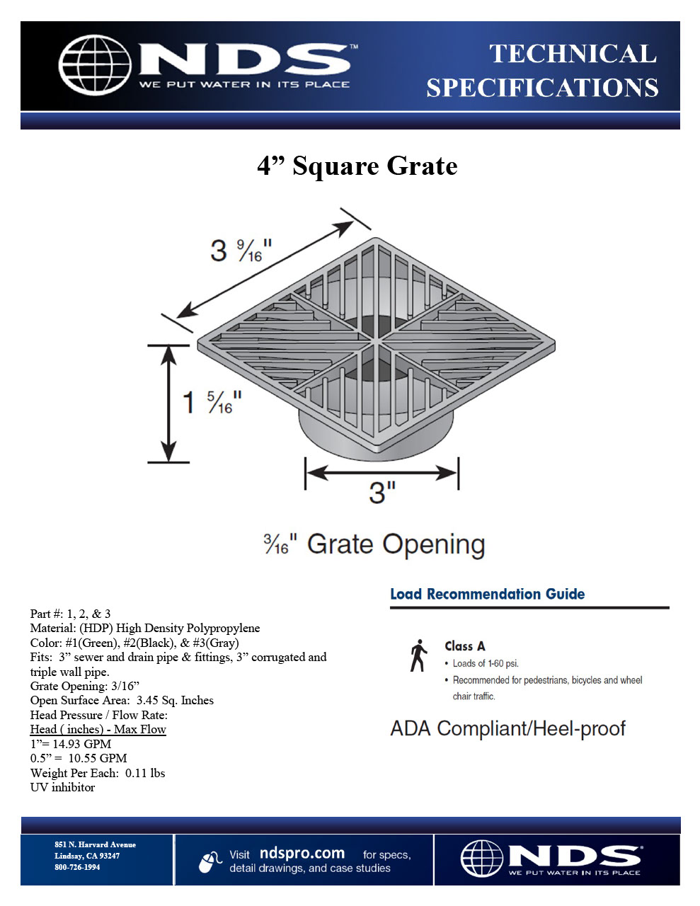 NDS 4 in. Square Drainage Grates for Pipes & Fittings Tech Spec