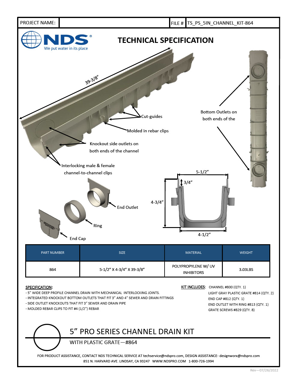 NDS 5 in. Pro Series Channel Drain Kit Deep Profile Plastic Grates Tech Spec