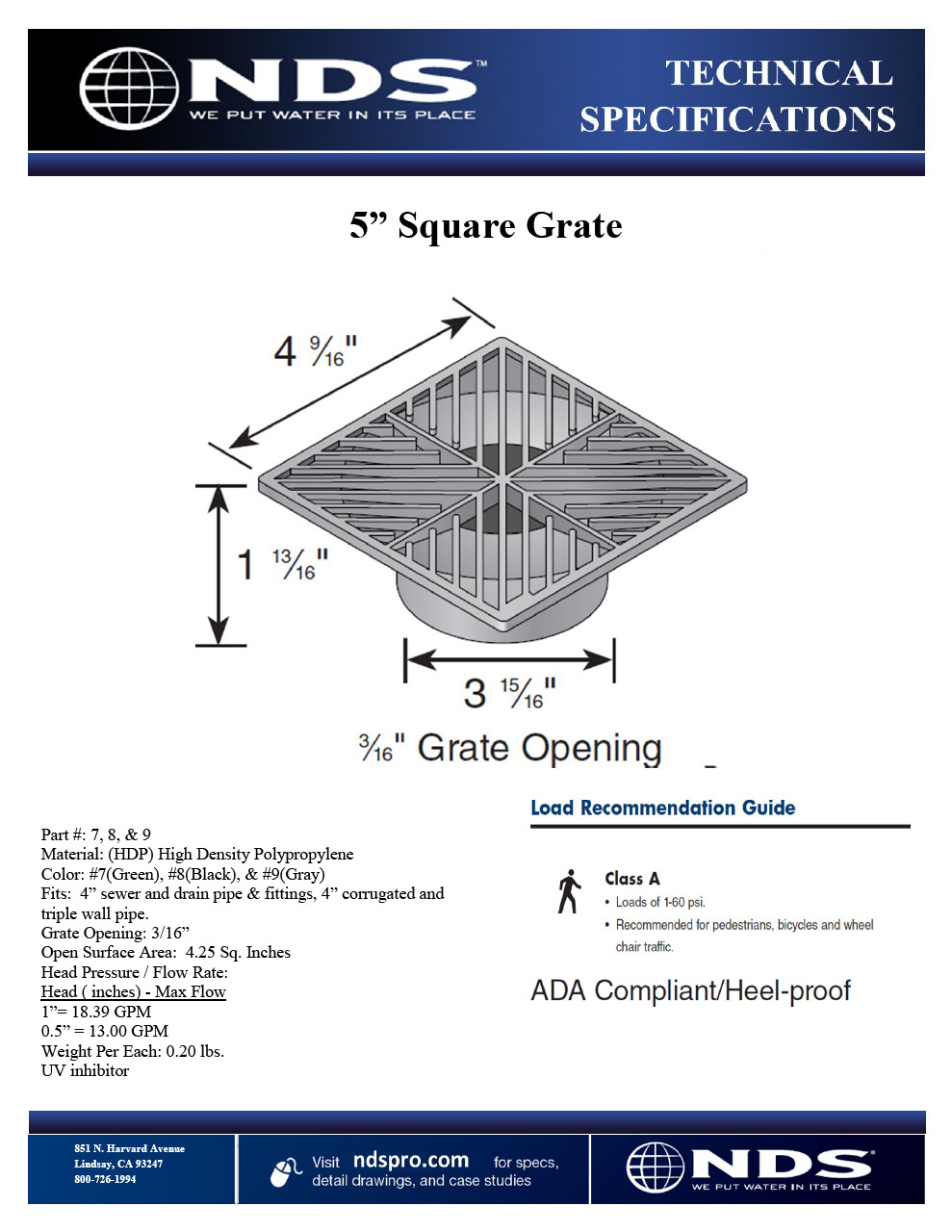 NDS 5 in. Square Grate Fits 4 in. Drain Pipes & Fittings Tech Spec