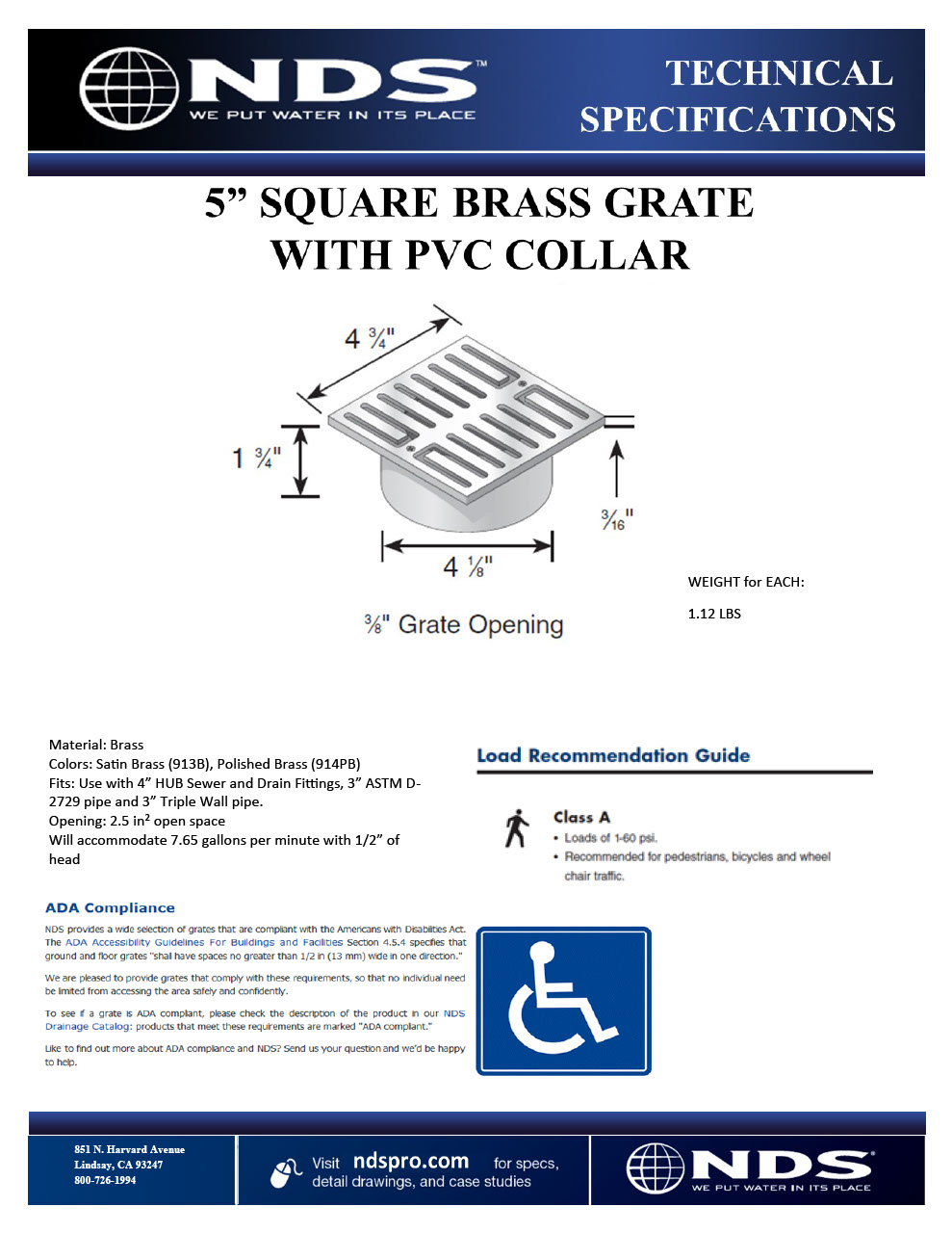 NDS 5 in. Square Brass Grate with Collar Tech Spec