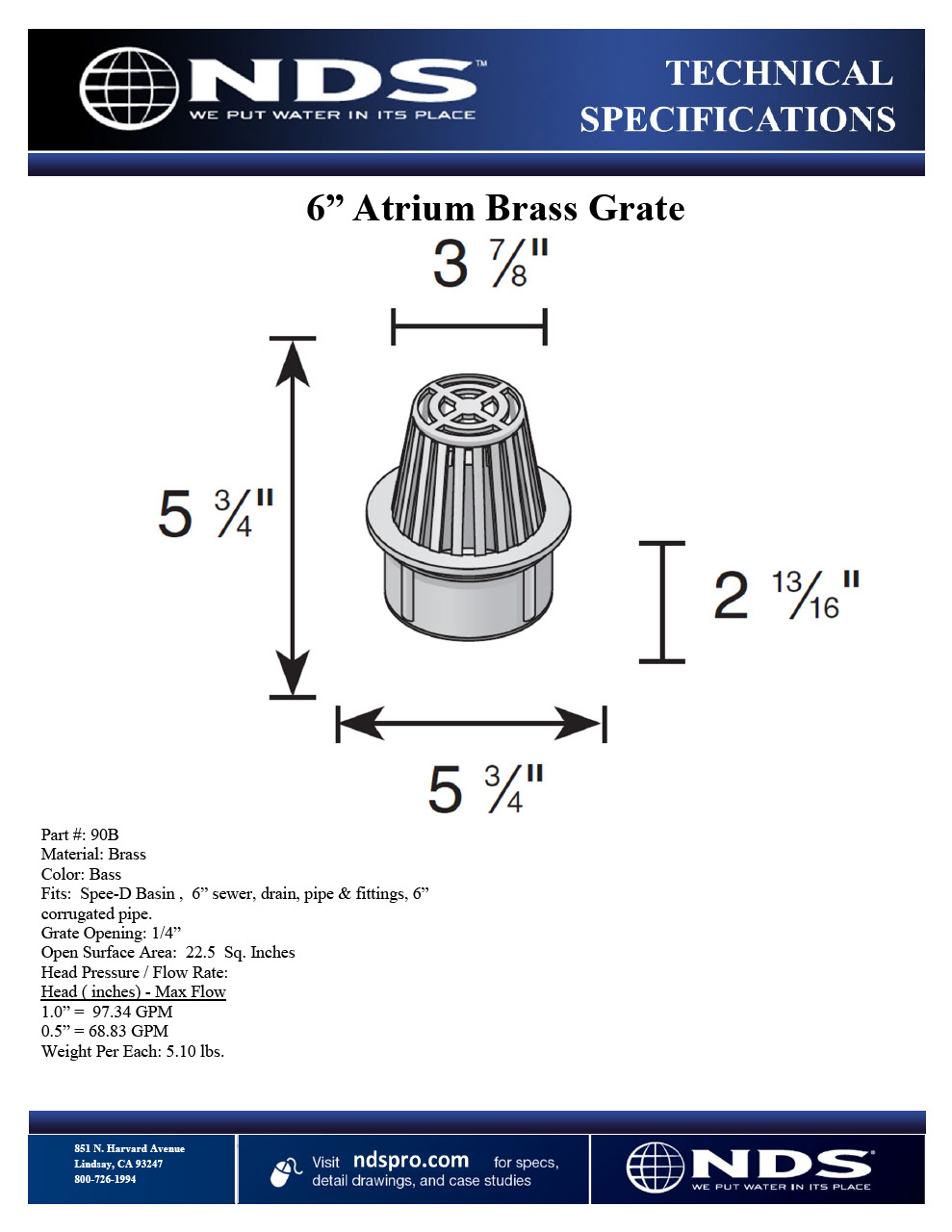 NDS 6 in. Atrium Brass Grate Tech Spec