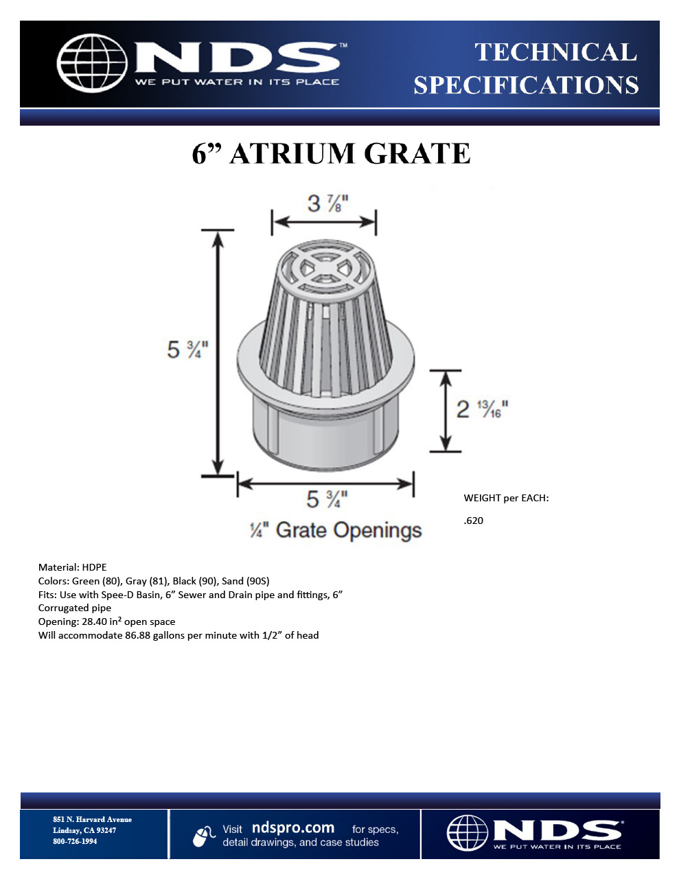 NDS 6 in. Atrium Plastic Grate, Fits Spee-D® Catch Basin Drain & 6 in. Drain Pipes & Fittings Tech Spec