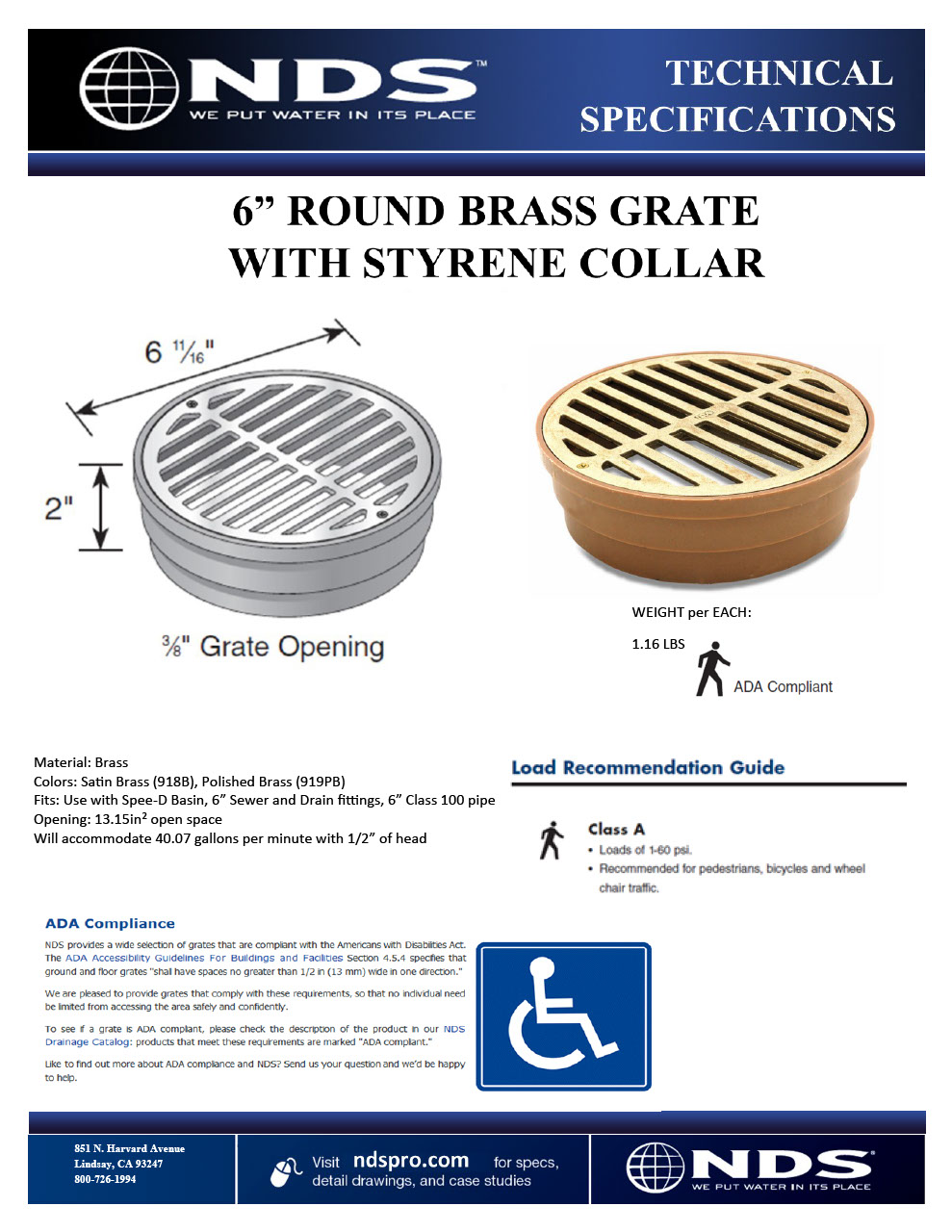 NDS 6 in. Round Brass Grates with Plastic Collar Tech Spec