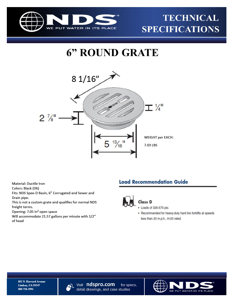 NDS 6 in. Round DuracastTM Ductile Iron Grate Tech Spec