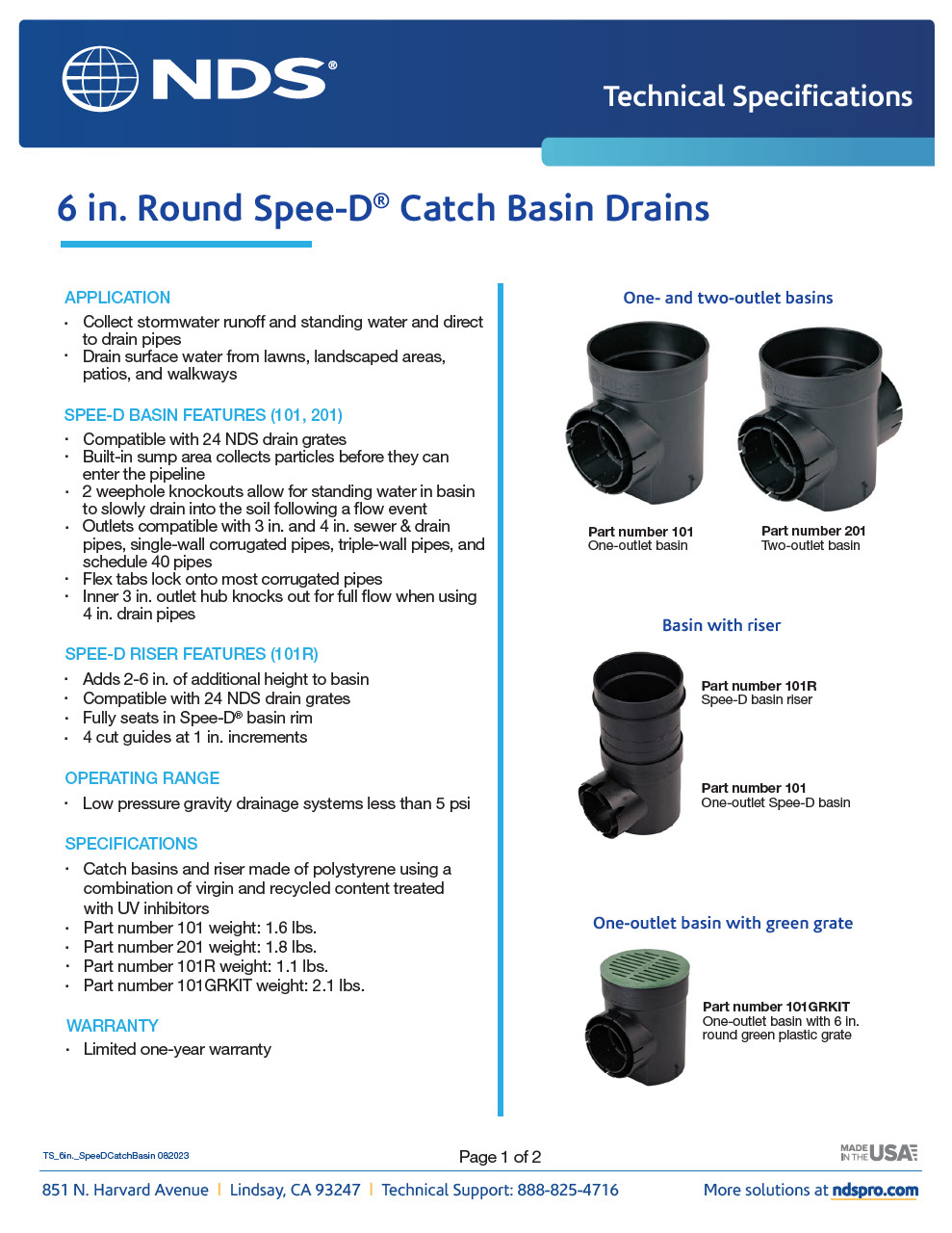 NDS 6 in. Round Spee-D® Catch Basin Drains, Grates, & Accessories Tech Spec