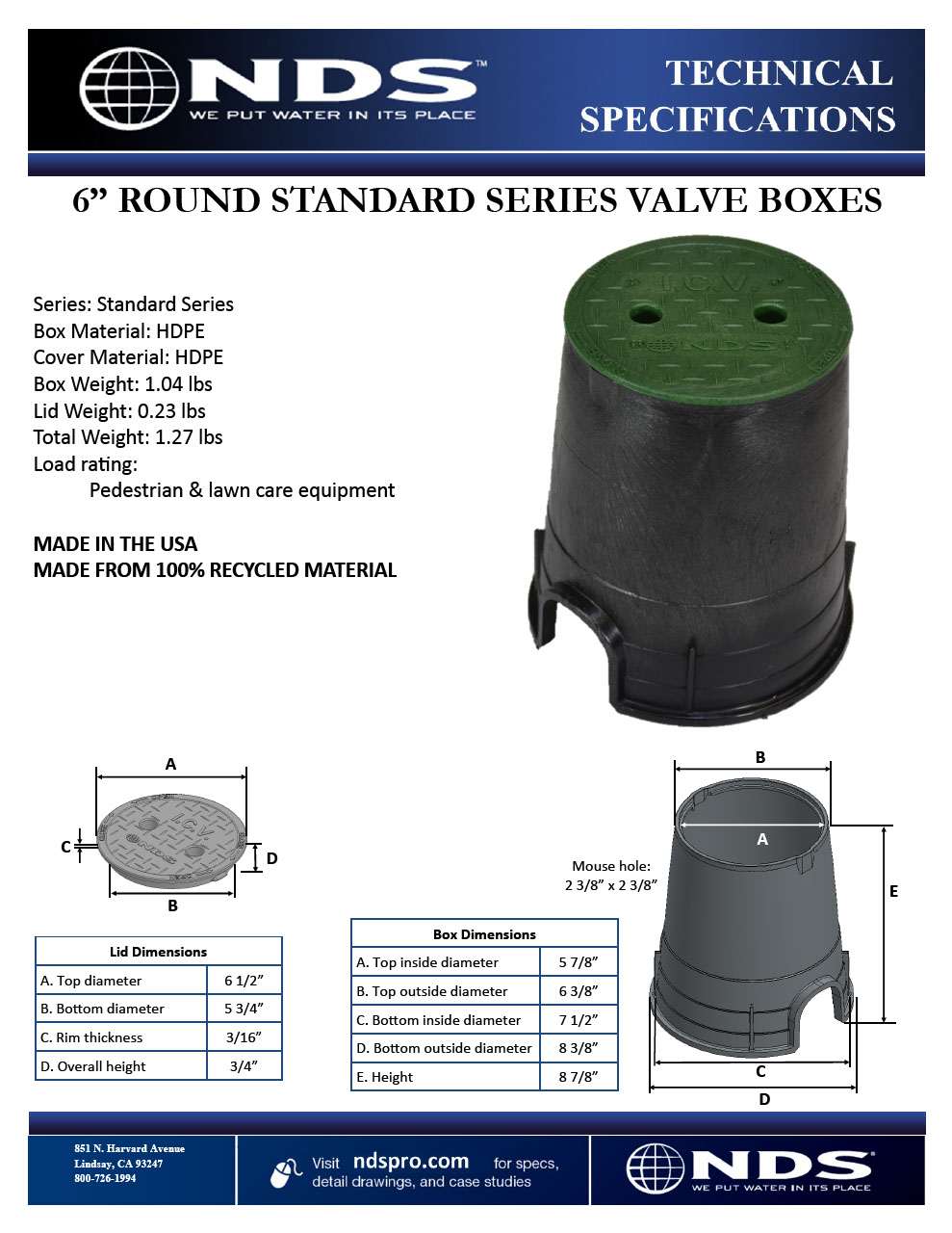 NDS 6 in. Round Standard Series Valve Boxes & Covers Tech Spec