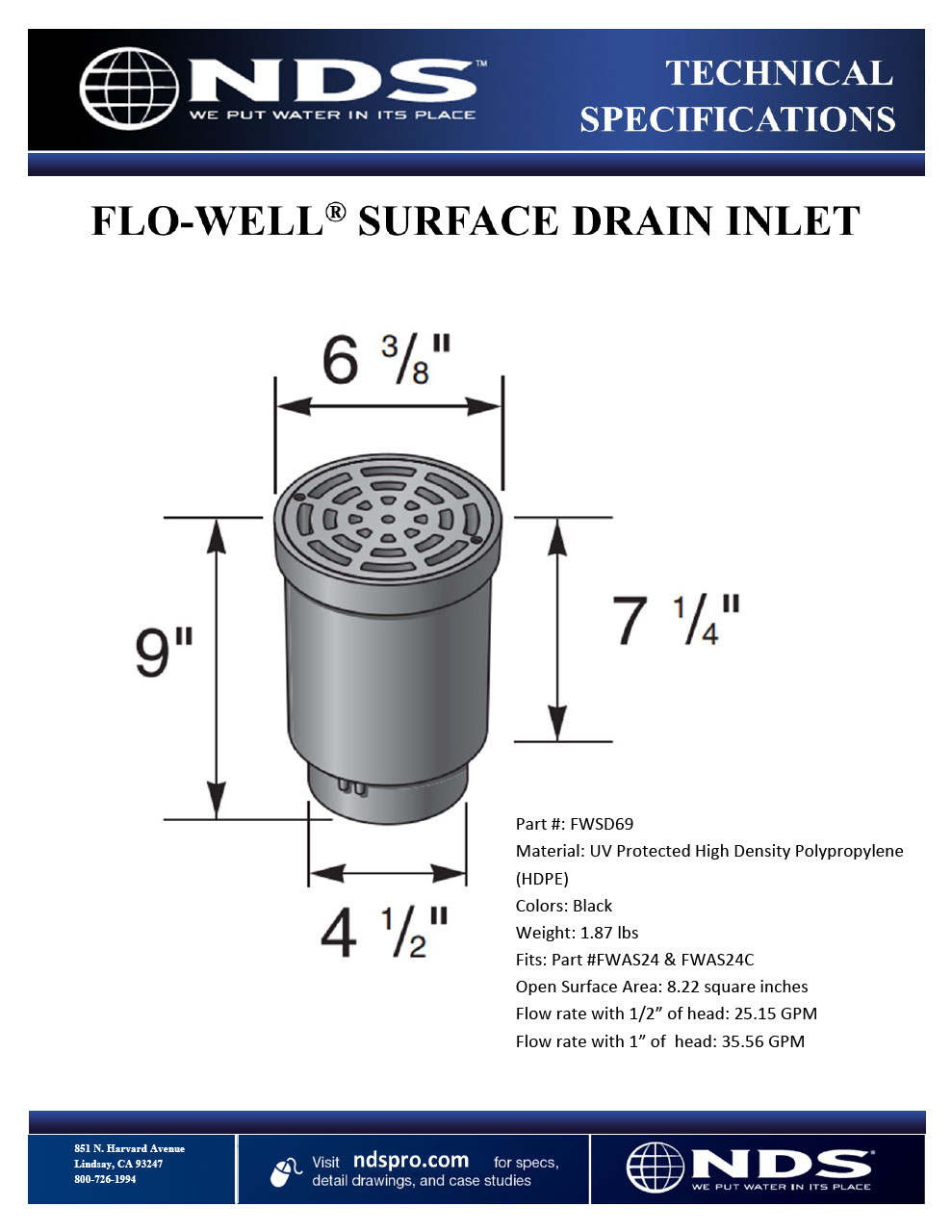 NDS 6 in. Round Surface Drain Inlet for Flo-Well® Stormwater Dry Well System Tech Spec