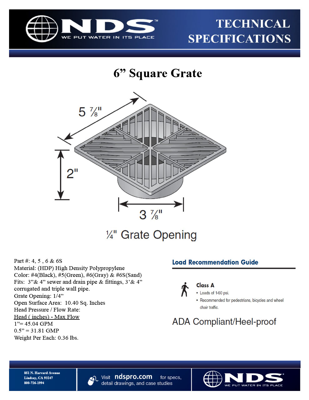 NDS 6 in. Square Plastic Grate Tech Spec