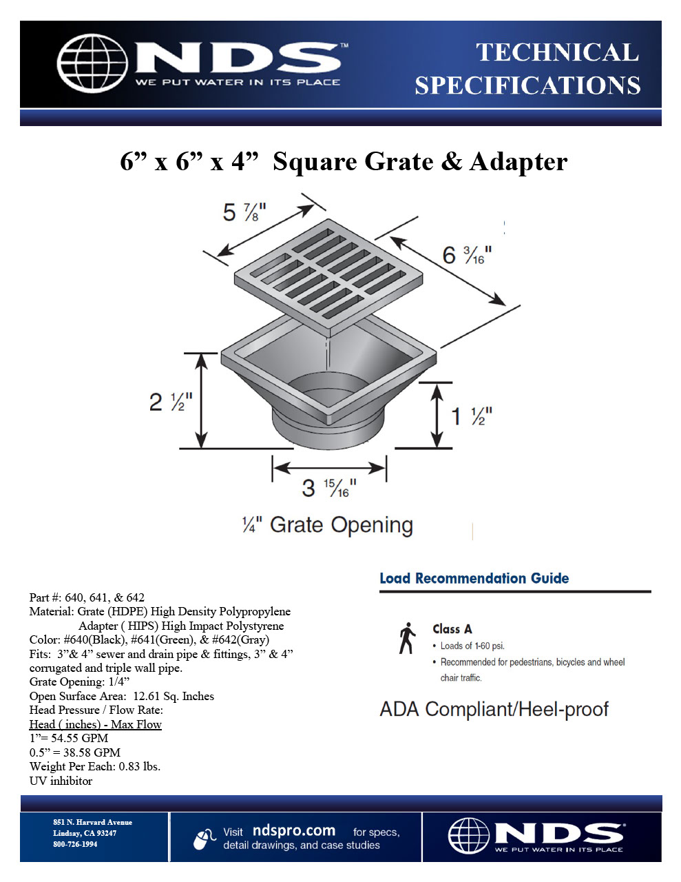 NDS 6 in. Square Plastic Grate with Low-Profile Adapter Drain Tech Spec