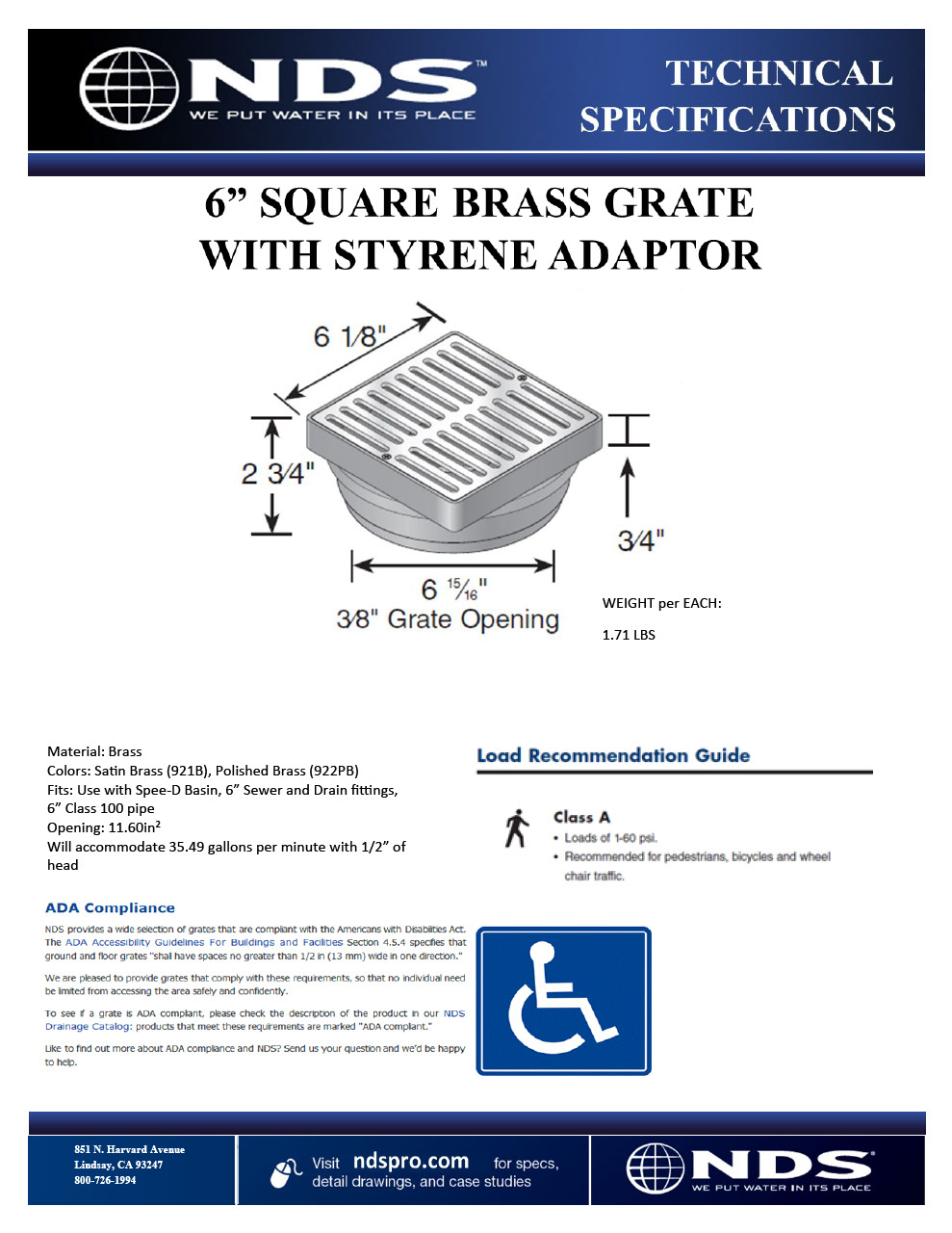 NDS 6 in. Square Brass Grate with Low-Profile Adapter Drain Tech Spec