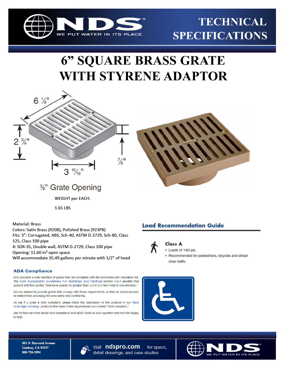 NDS 6 in. Square Brass Grate with Low Profile Adapter Tech Spec