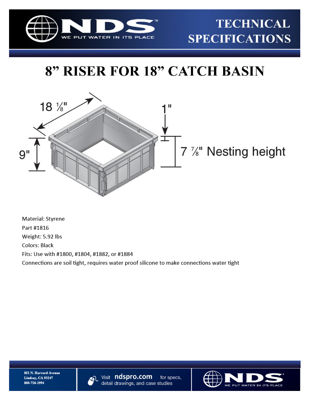 NDS 8 in. Riser for 18 in. Square Catch Basin Drain & Low-Profile Adapter Drain Tech Spec