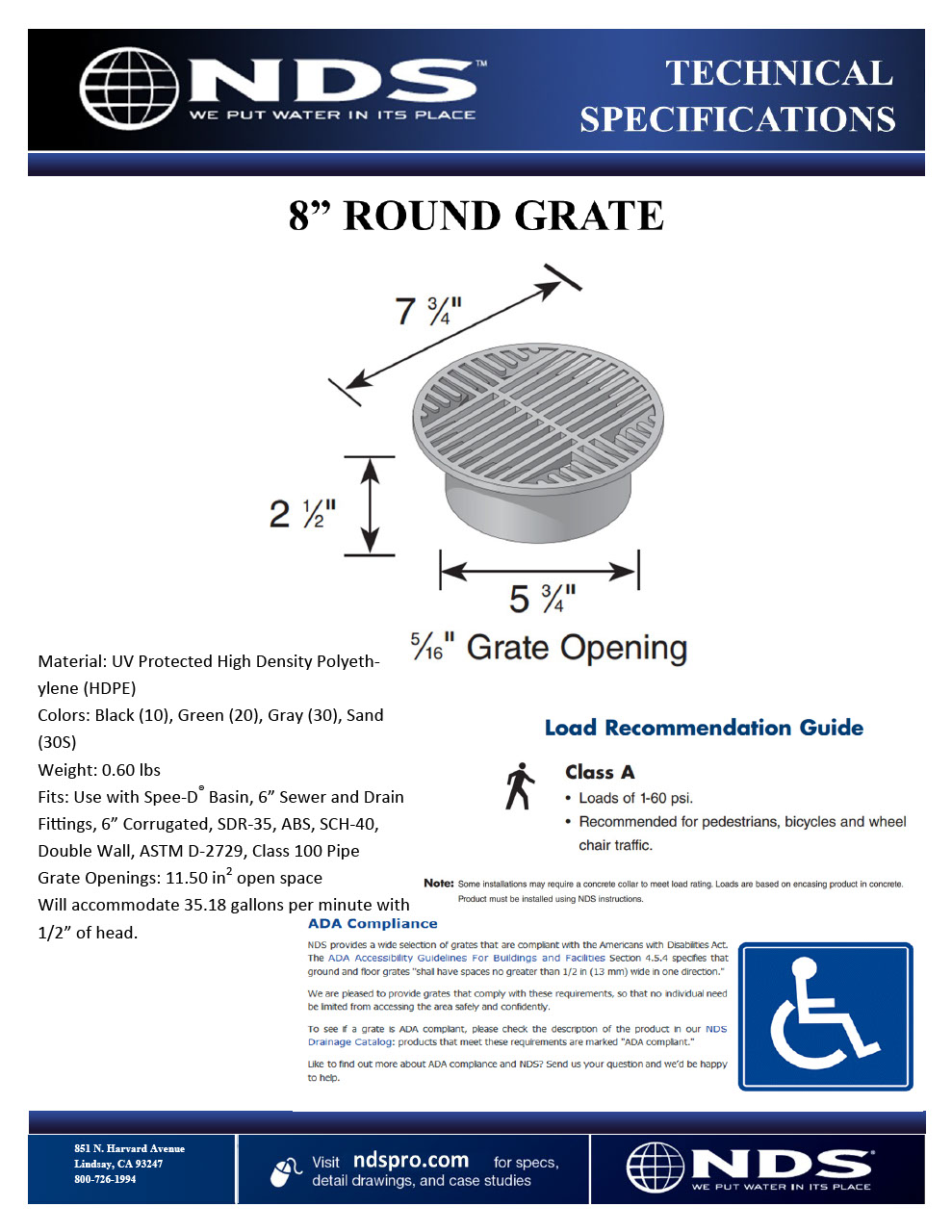 NDS 8 in. Round Drainage Grates for Pipes & Fittings Tech Spec