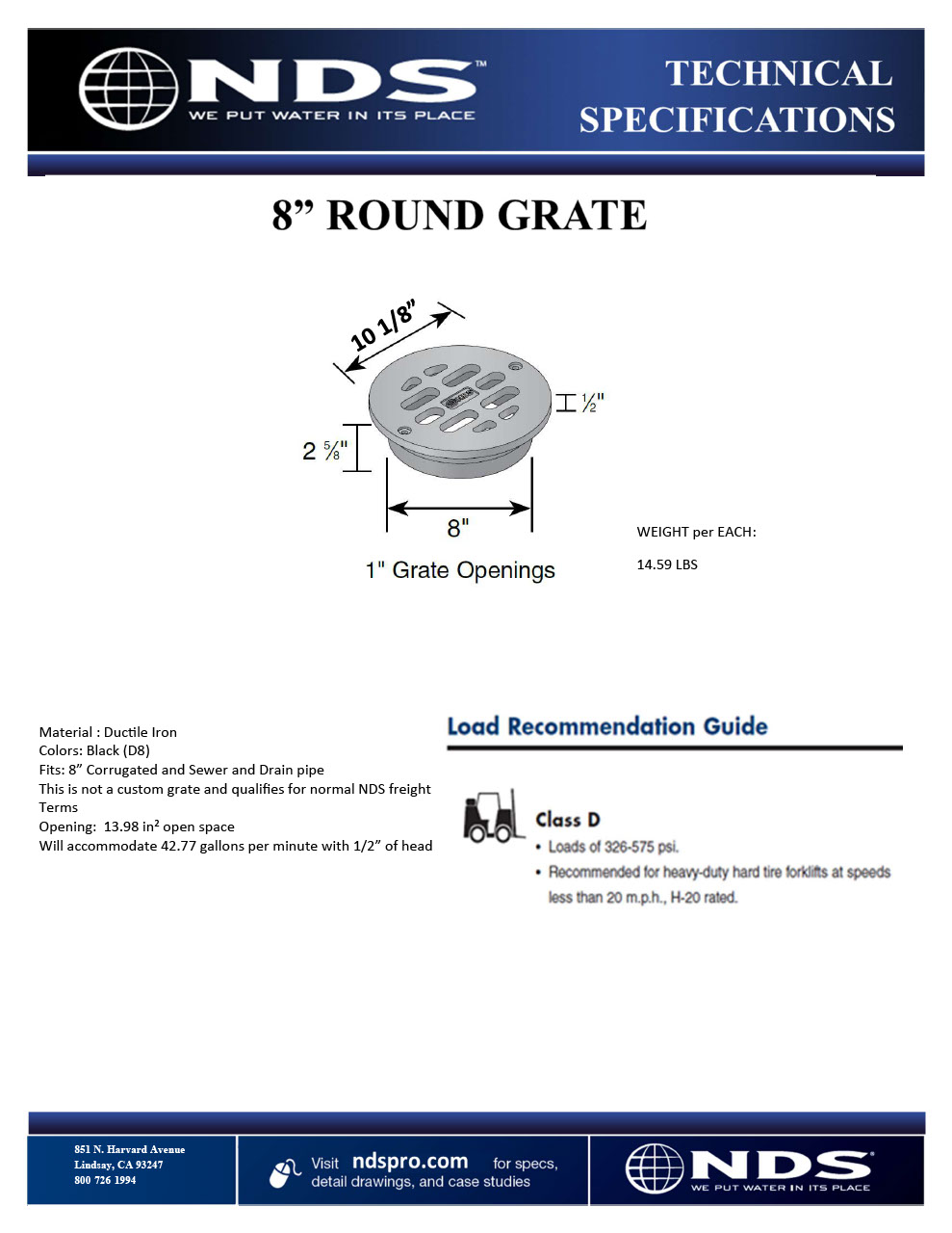 NDS 8 in. Round DuracastTM Grate Ductile Iron Tech Spec