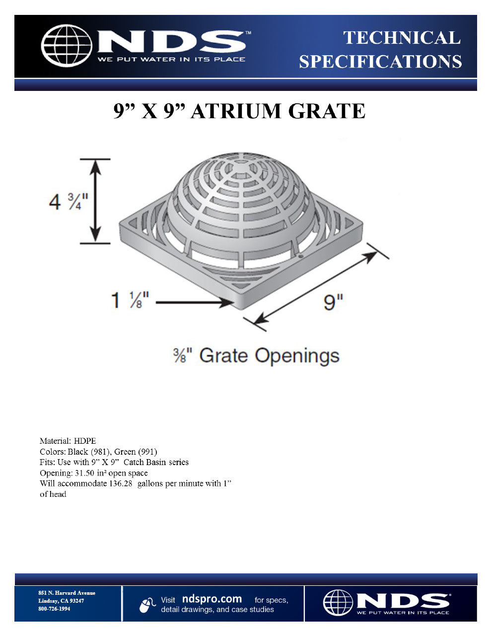 NDS 9 in. Square Atrium Catch Basin Drain Grate Plastic Tech Spec