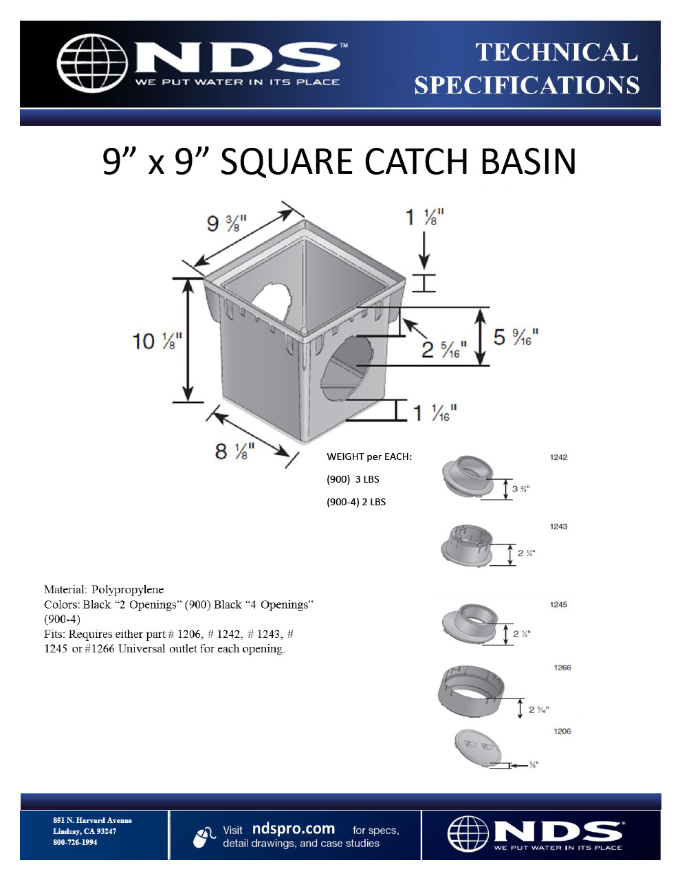 NDS 9 in. Square Catch Basin Drain Tech Spec