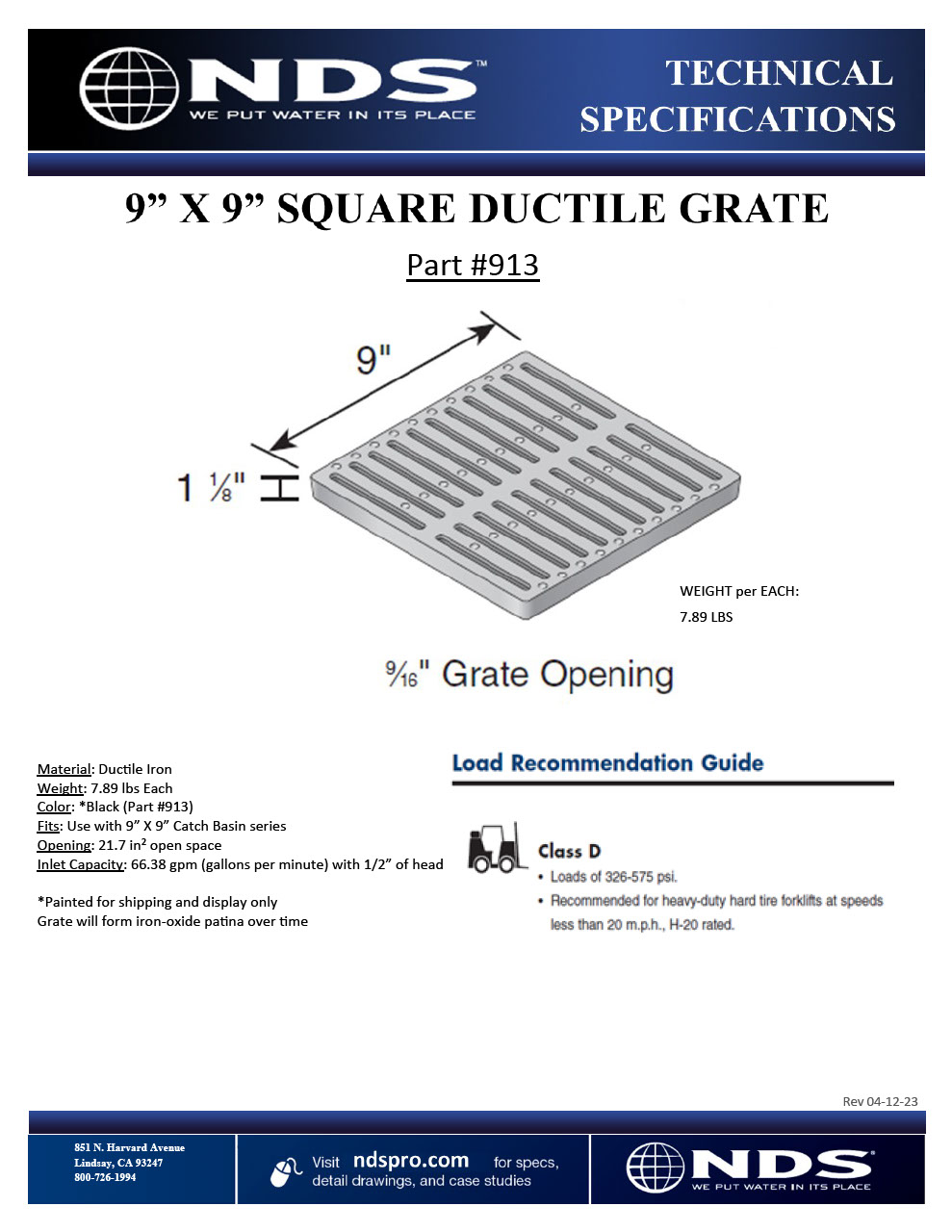 NDS 9 in. Square Catch Basin Drain Grate Ductile Iron Tech Spec