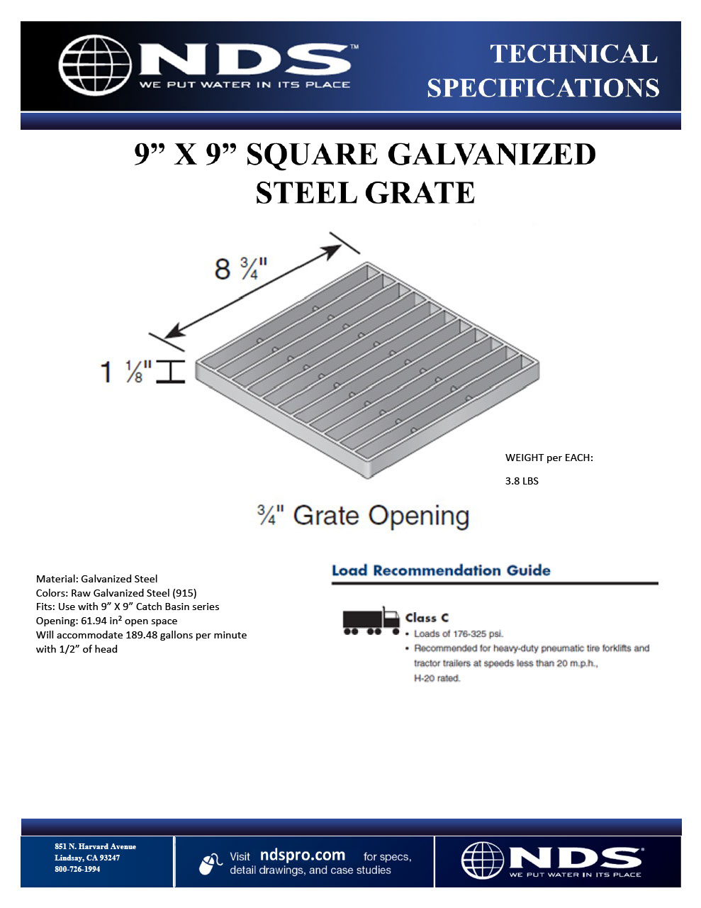 NDS 9 in. Square Catch Basin Drain Grate Galvanized Steel Tech Spec