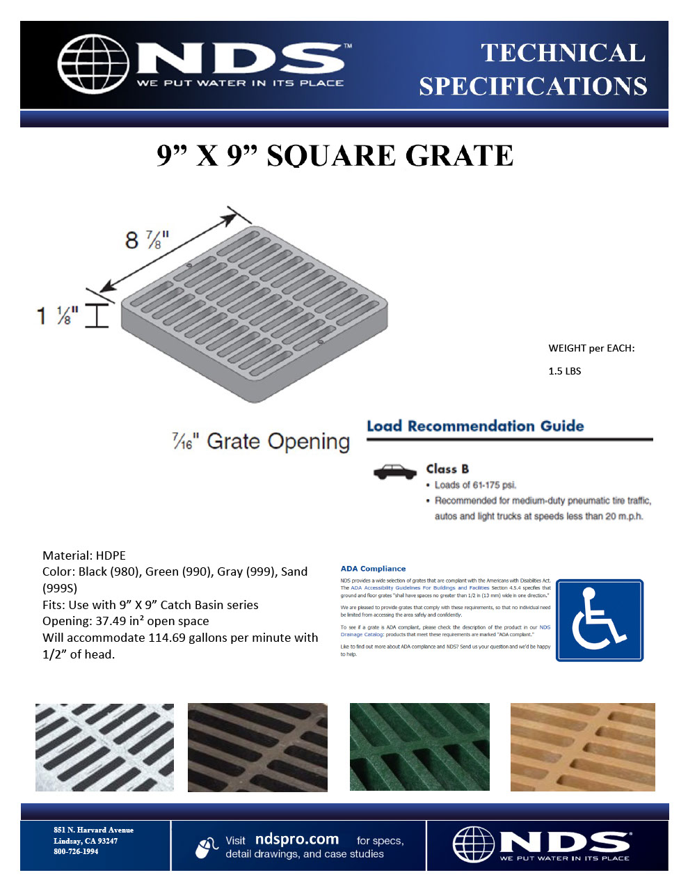 NDS 9 in. Square Catch Basin Drain Grate Plastic Tech Spec