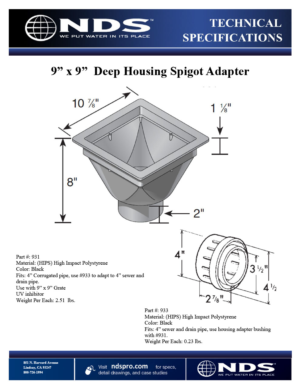 NDS 9 in. Square Deep-Housing Adapter Tech Spec