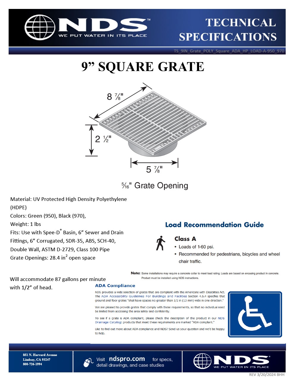 NDS 9 in. Square Drainage Grates for Pipes & Fittings Tech Spec