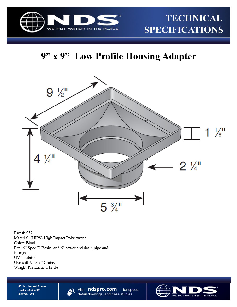 NDS 9 in. Square Low-Profile Adapter for 6 in. Connections Tech Spec