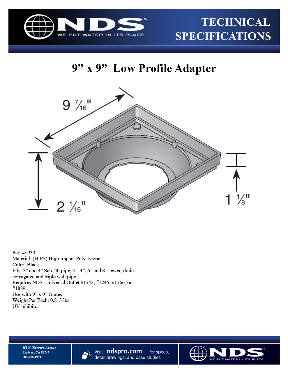 NDS 9 in. Square Low-Profile Adapter Tech Spec