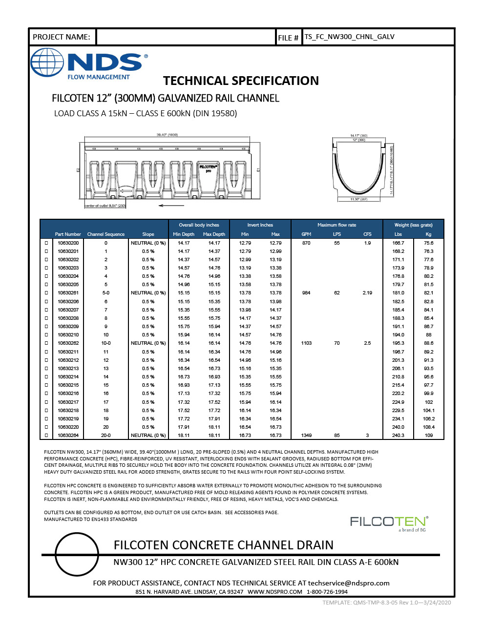 NDS BG-FILCOTEN® pro V 300 Trench Drain with Galvanized Steel Rails Tech Spec